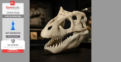 3D-printed Emausaurus skull replica with detailed bone structure.