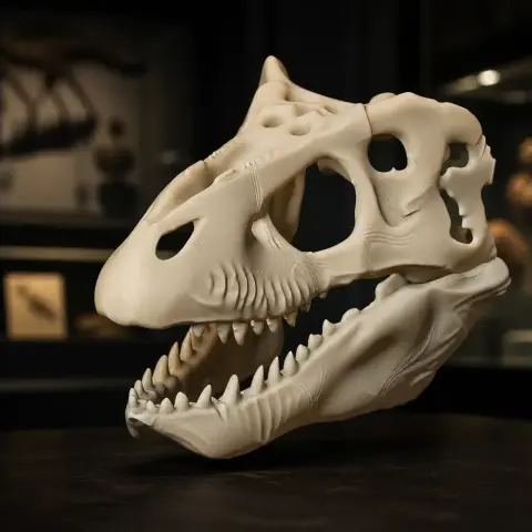 3D printed Emausaurus skull replica with detailed teeth and eye sockets, displayed in a dim-lit setting.