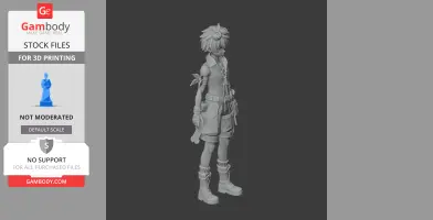 A gray 3D figurine of a young adventurer with goggles, shorts, and boots, ready for 3D printing.