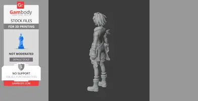 3D model of a figurine character with spiky hair, gear, and shorts, viewed from the side.