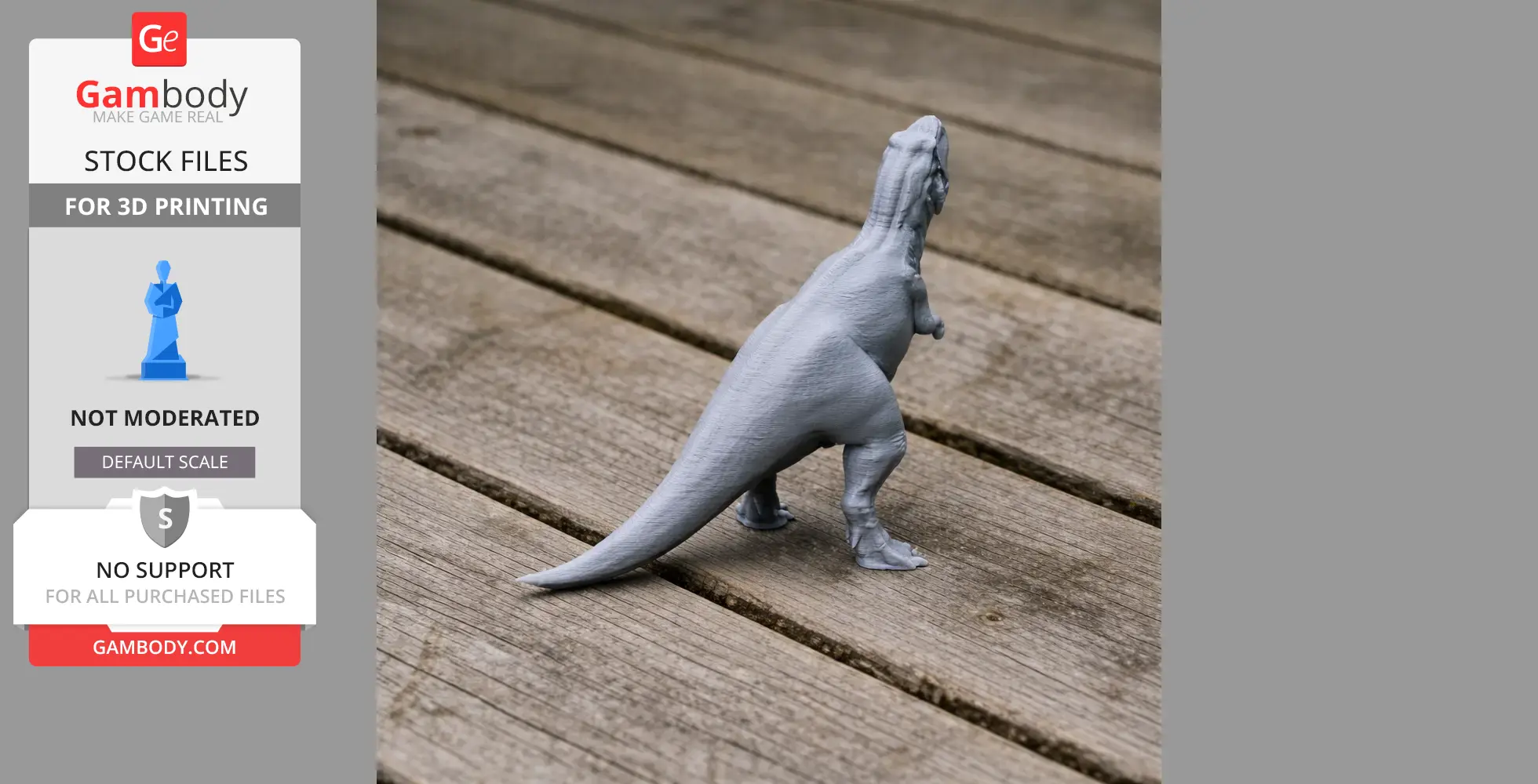 A gray 3D printed figurine of Skorpiovenator, a dinosaur, standing on wooden planks.
