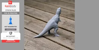A gray 3D printed figurine of Skorpiovenator, a dinosaur, standing on wooden planks.