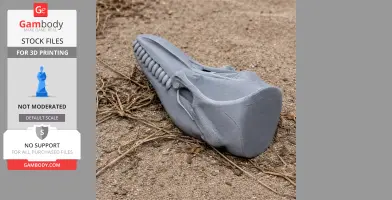 3D-printed false killer whale skull replica lying on sandy ground.