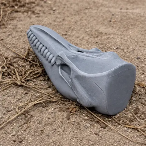 3D-printed false killer whale skull replica on sandy ground with dry grass.