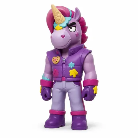Purple unicorn character figurine with colorful mane, wearing a star-decorated jacket and jeans.