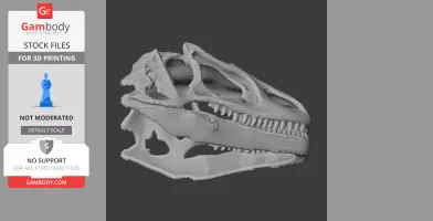 3D printed Fasolasuchus skull replica with detailed teeth and bone structure, side view.
