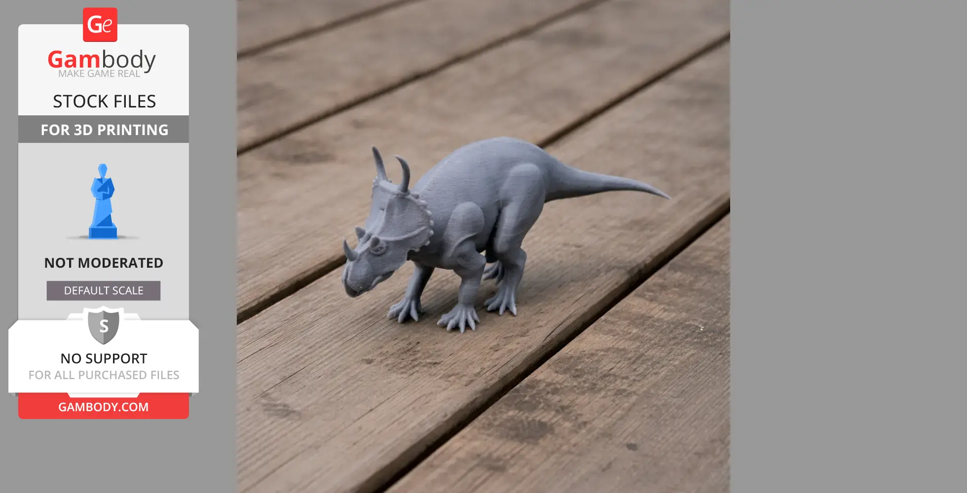 Gray 3D printed model of a horned dinosaur, Spinops, on a wooden surface.