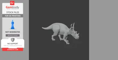 3D model of a horned dinosaur, ready for printing, side view, detailed features and textures.