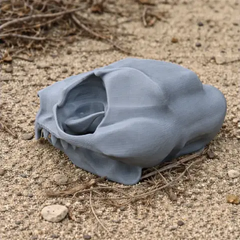 Gray 3D-printed Feathertail Glider skull replica resting on sandy ground with scattered twigs.