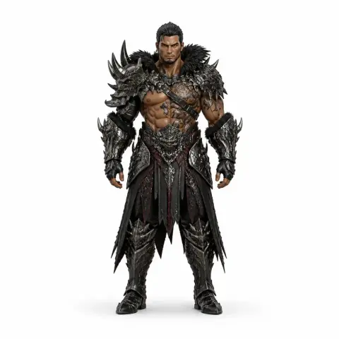 Armored warrior with spiked armor and tattooed skin, standing confidently with intense expression.