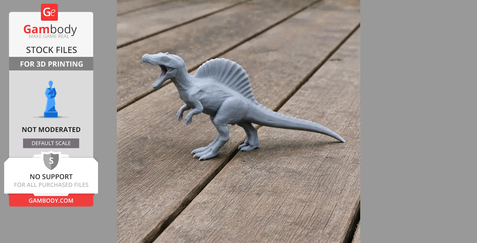 Gray 3D-printed Spinosaurus model with a sail-like spine, standing on wooden planks.