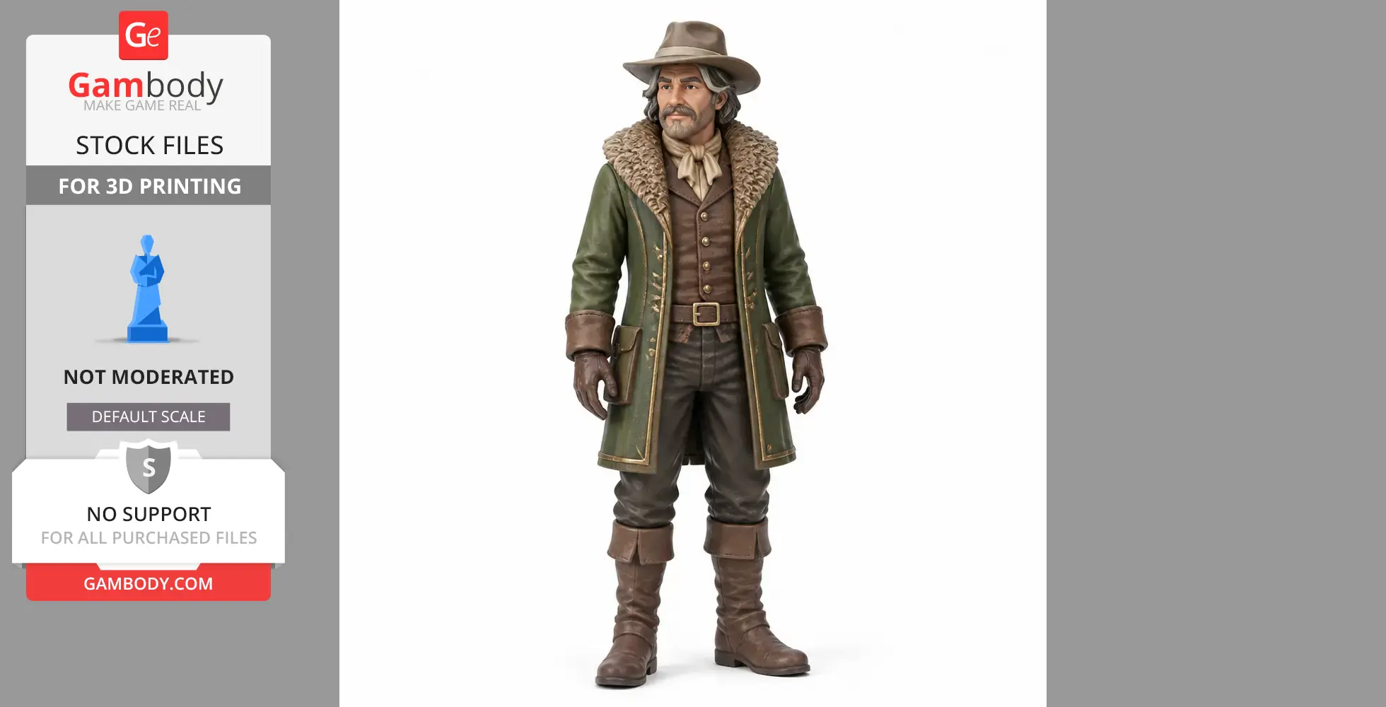 A detailed figurine of a rugged character in a green coat and hat, suitable for 3D printing.