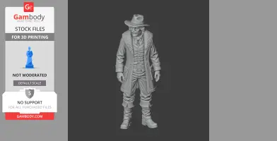 A detailed figurine of a character in a cowboy hat and coat, designed for 3D printing.