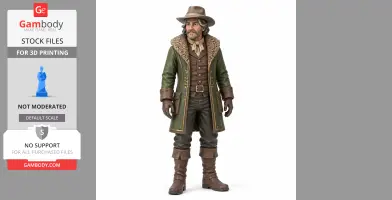 A detailed figurine of a rugged character in a green coat and hat, suitable for 3D printing.
