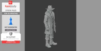 A 3D-printed figure of a man in a trench coat and hat, with detailed textures and accessories.