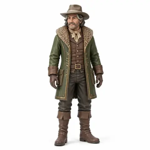 A detailed figure of a character in a green coat with fur trim, wearing a hat and gloves, styled in vintage explorer attire.