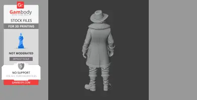 A 3D model of a character in a hat and coat with fur trim, viewed from the back.