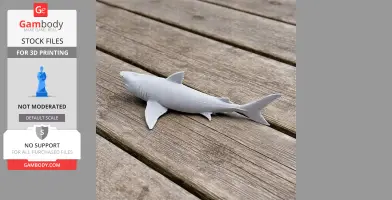 A 3D-printed Squalicorax shark model, gray, on a wooden surface.