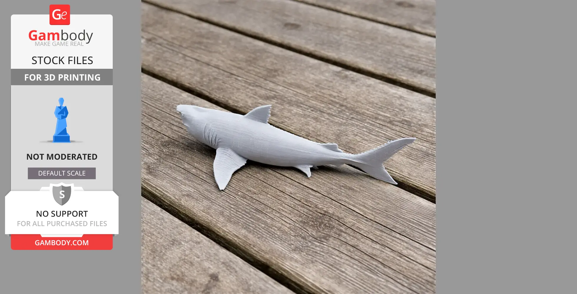 A 3D-printed Squalicorax shark model, gray, on a wooden surface.