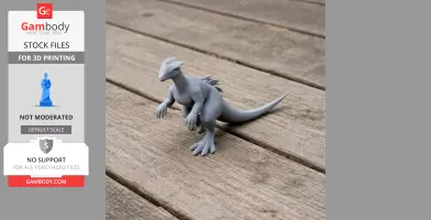 3D-printed Stegoceras model, gray, posed upright on a wooden surface.