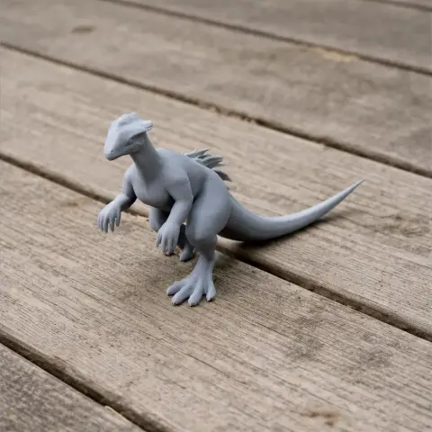 3D-printed Stegoceras model on wooden planks, detailed body and tail, standing upright.