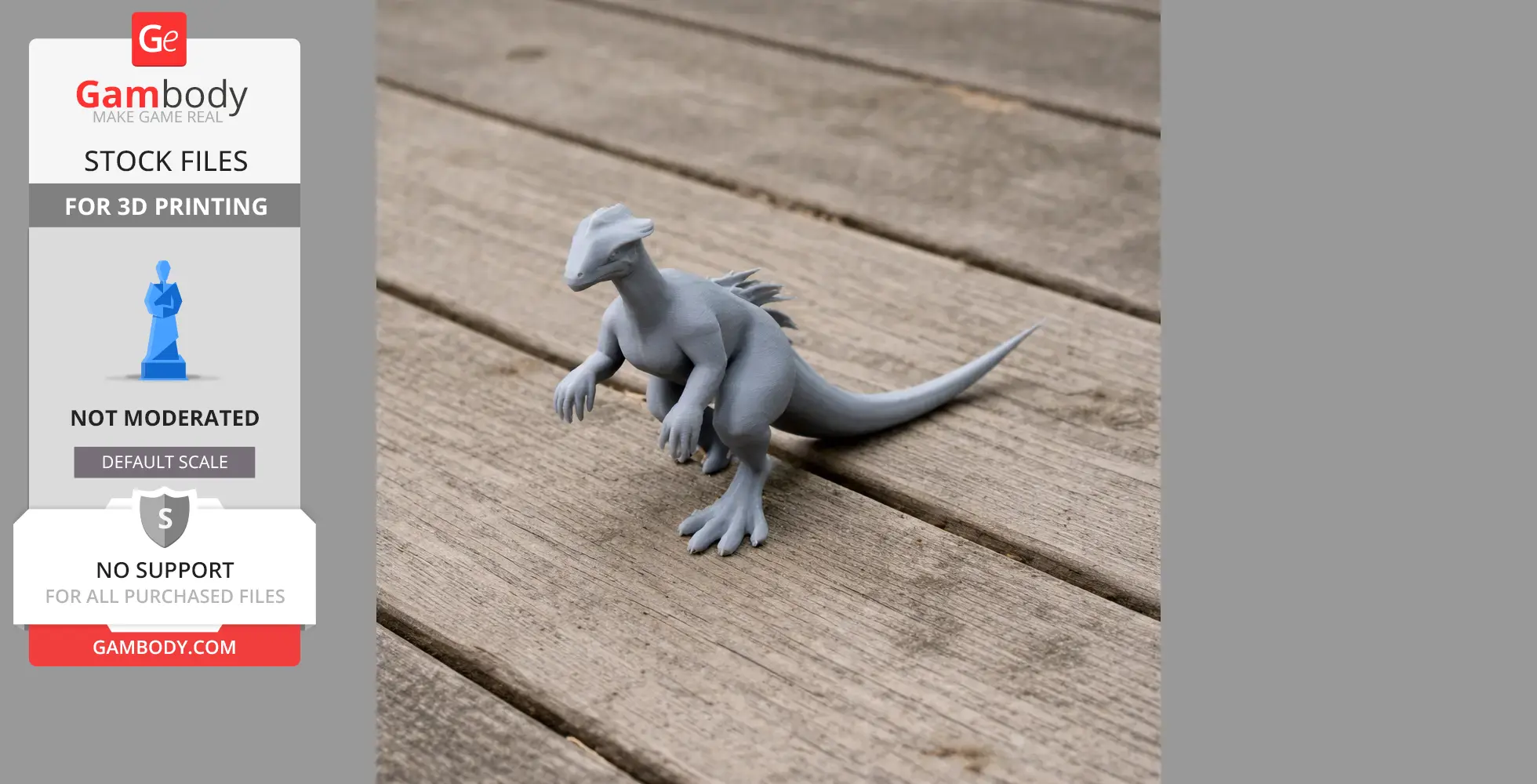 3D-printed Stegoceras model, gray, posed upright on a wooden surface.
