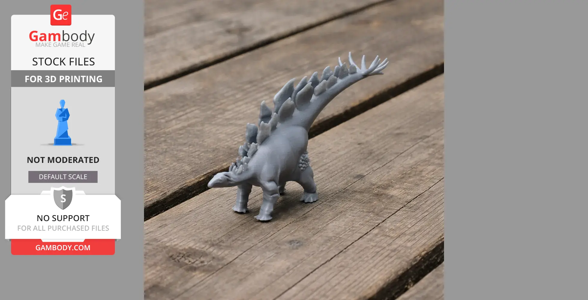 3D printed Stegosaurus model with plates and spikes, displayed on a wooden surface.