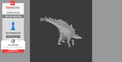 A 3D model of a Stegosaurus with prominent back plates, featured on a dark background.