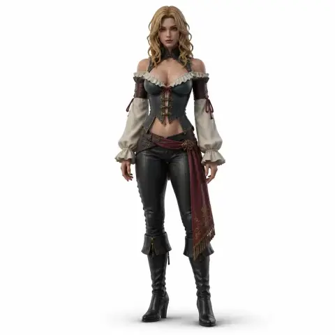 A detailed 3D model of a fantasy character in a pirate-like outfit, ready for 3D printing.