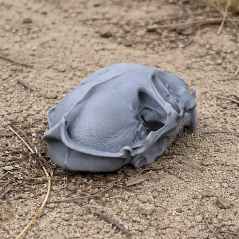 3D printed replica of a flat-headed cat skull on a sandy surface.