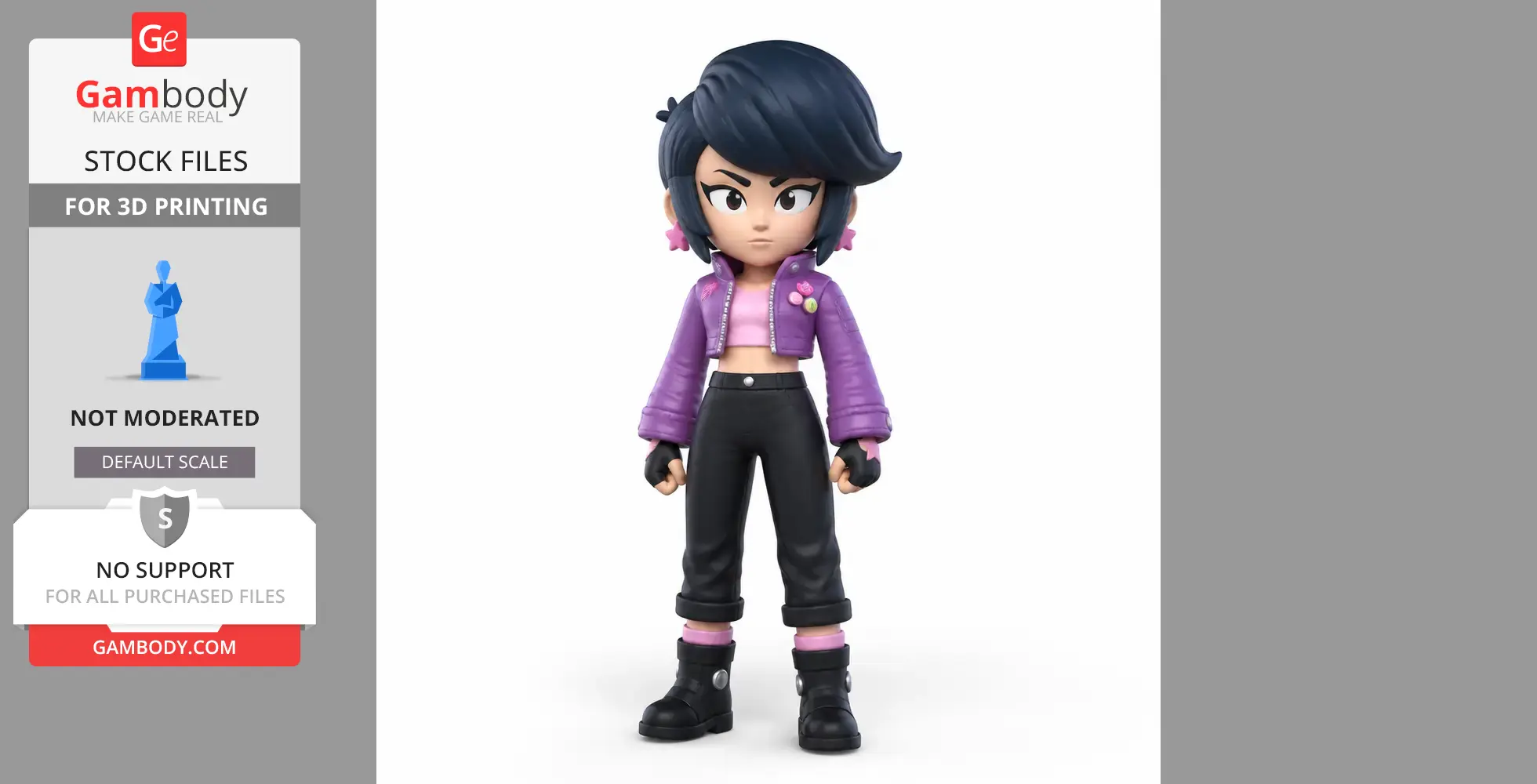 Stylized 3D figurine of a character with dark hair, purple jacket, black pants, and boots for 3D printing.
