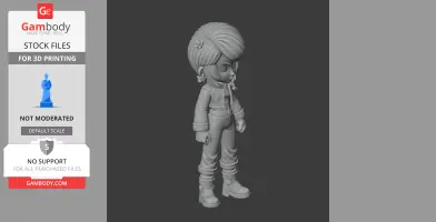 3D model of a cartoon character with large hair, wearing a jacket and boots, standing with clenched fists.