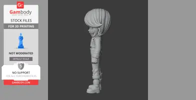 3D model of a cartoon character with large hair and outfit, standing in profile, designed for 3D printing.
