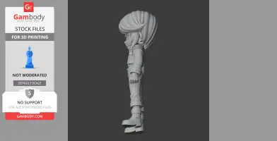 Side view of a stylized figurine featuring a character with detailed hair and clothing, ready for 3D printing.