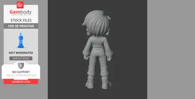 A 3D model of a character facing away with detailed hair, outfit, and boots, designed for printing.