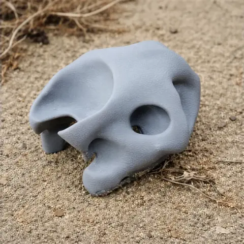 3D-printed Galapagos tortoise skull replica resting on sand.
