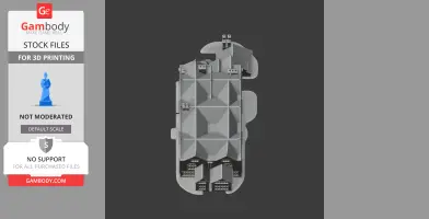 Roof view of a 3D printable architectural model featuring pitched roofs and chimneys.