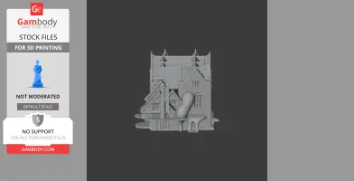 A detailed 3D model of a historical-style building facade with multiple roofs and arched windows.