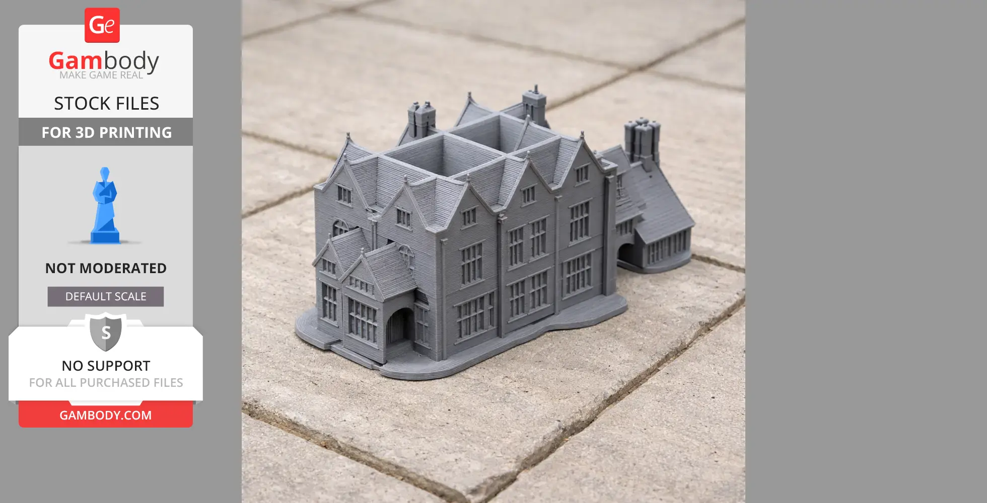 Detailed gray 3D-printed model of Greys Court, featuring intricate architectural elements.