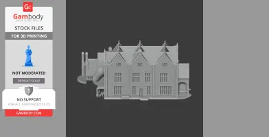 3D model of a detailed, historic-style mansion with chimneys, many windows, and a pitched roof.