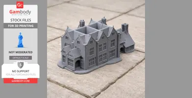 Detailed gray 3D-printed model of Greys Court, featuring intricate architectural elements.