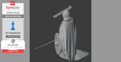 A 3D model of a Viking warrior with a cape, helmet, shield, and sword, viewed from behind.