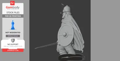 A detailed 3D model of a Viking warrior with a helmet, shield, sword, and cape, in side profile view.