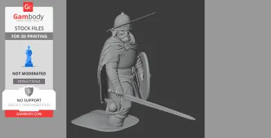 Viking warrior figure with helmet, shield, and sword, wearing a cloak and standing on a textured base.