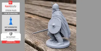 A 3D-printed Viking warrior with sword, shield, and helmet, standing on a textured circular base.