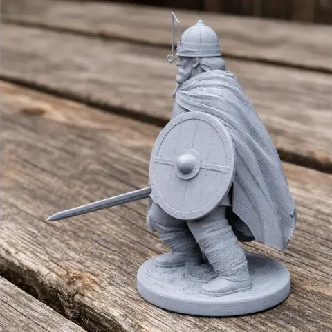 Viking warrior figure with a helmet, shield, and cloak, holding a sword, standing on a circular base.