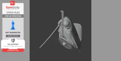 Viking warrior model holding a sword and shield, wearing a helmet and cloak, designed for 3D printing.