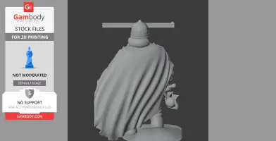Viking warrior with helmet and flowing cape, holding a sword and drinking horn, seen from the back.