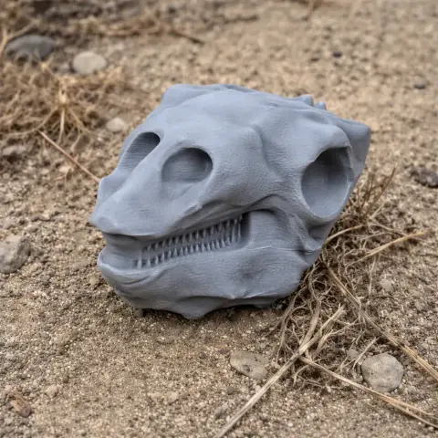 3D-printed Gastonia dinosaur skull replica on sandy ground.