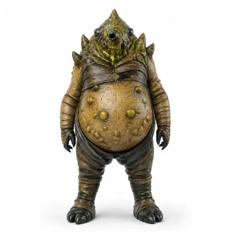 Alien creature figurine with textured skin, round belly, and spike details for 3D printing.